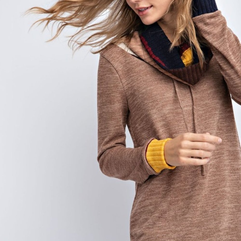 Cowl Neck Drawstring Top Sweater Shirt Camel Soft - Picture 3 of 5